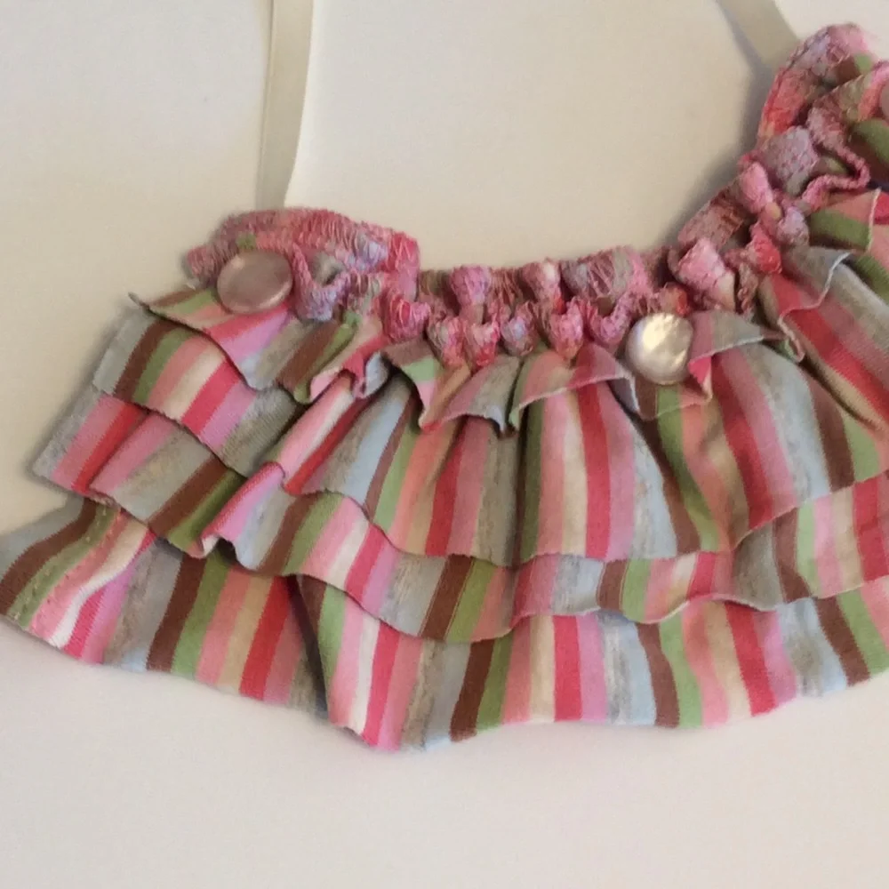 Handmade ruffle fabric necklace multicolored striped & vintage pearlized buttons
